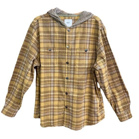 Katin Harold Hooded Flannel Sweatshirt Jacket Shacket Sz XL Brown Yellow Cabin - Picture 1 of 12
